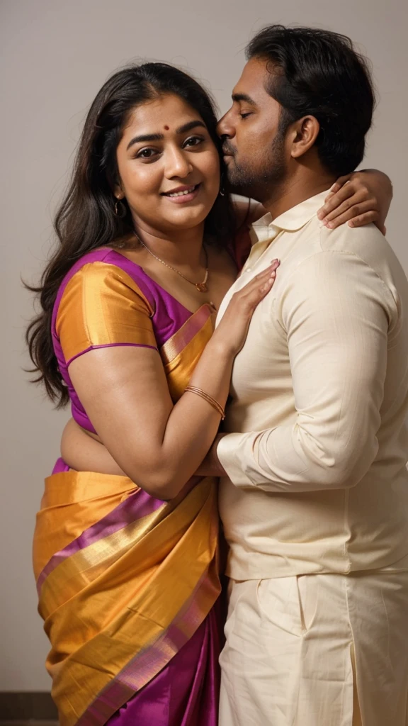 a  50-year-old shirtless man  affectionately hugging and kissing aradiant, full-figured South Indian plus-sized 30 year old teacher wearing a cream silky saree in  dressing room, captured in a full-body image with vibrant hues and meticulous details. Full body image