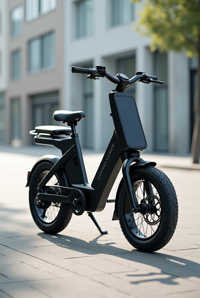 A lightweight electric bicycle made of carbon material, with a smart display that provides information about the bike, routes, and modes, similar to a tablet. The bike has a small solar panel on the front.. Es multifuncional y adecuada para todo tipo de routes, adaptable for up to two people with an additional cushion in the back. besides, The bike can be folded in half at the center for easy portability