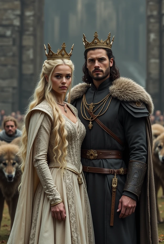A woman with blonde hair and golden threads, dressed like Sansa Stark wearing a crown, next to him a strong man like John Snow wearing a crown, in front of a wall.
Behind them men and big wolves