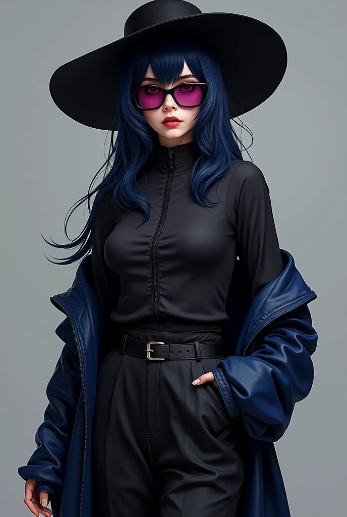 Female character dark blue hair a black mask dark pink sunglasses a black long sleeved blouse long black pants black and dark blue sleeves black hat