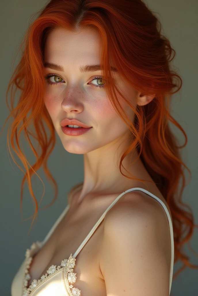 college girl, 19yearsold, redheadwear, very beautiful, white ,wavyhair , amber eyes , 60 to 70 kg and medium breasts, hourglass body
