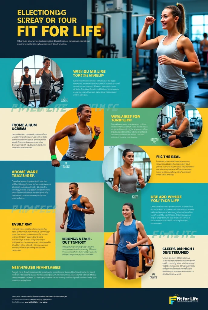 generate a campaign photo infographic for FIT FOR LIFE the color is blue, yellow, green and orange it should the background is gym make it more attractive