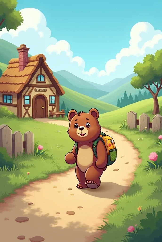 I want a picture of a little bear walking away from his house with a backpack cartoon 