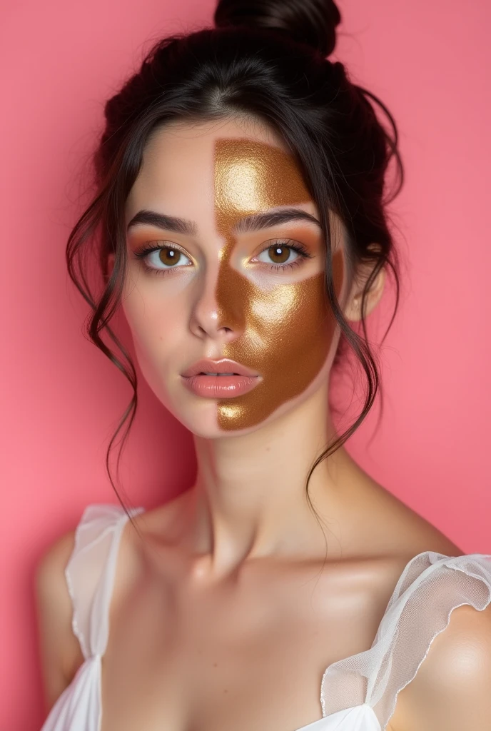 Creative and aesthetic Shoot  with pink or white background of female model with applied coffee mask on half face 
