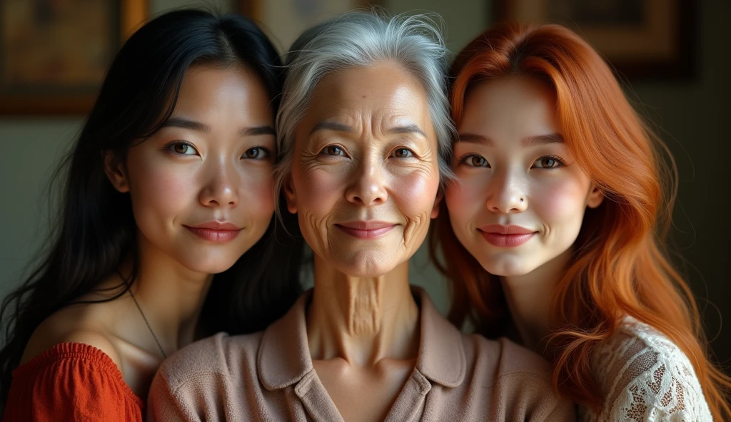 a 60 year old White woman, with three 50 year old daughters, one 50 year old Asian, one 50 year old American redhead, and one American brunette, detailed faces, realistic, high quality, masterpiece, photorealistic, hyper detailed, cinematic, dramatic lighting, warm colors, family portrait
