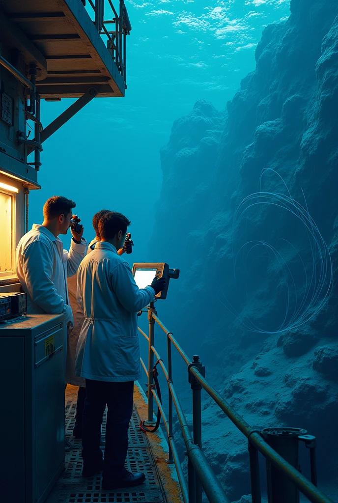 Scientists observing submarine cables
