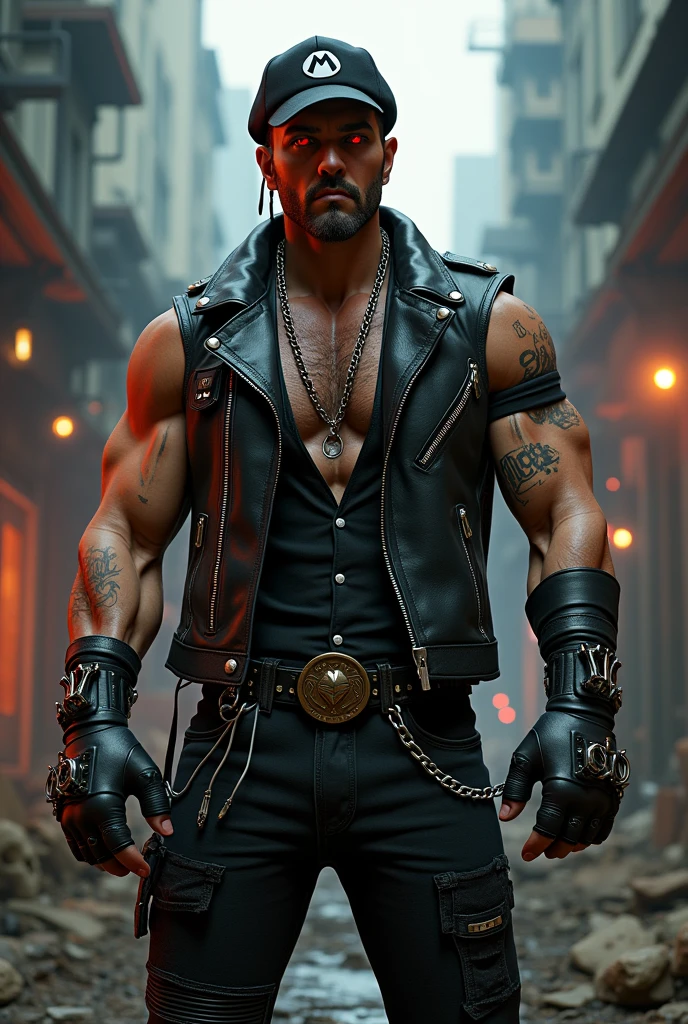 mario bros  ,black rocker clothing black leather vest with guitar for metal metalhead chains, rock bracelets, red eye iris in apocalyptic video game level, 3D ,video game type,in apocalyptic video game world,Whole body ,high resolution high detail cinematic volumetric