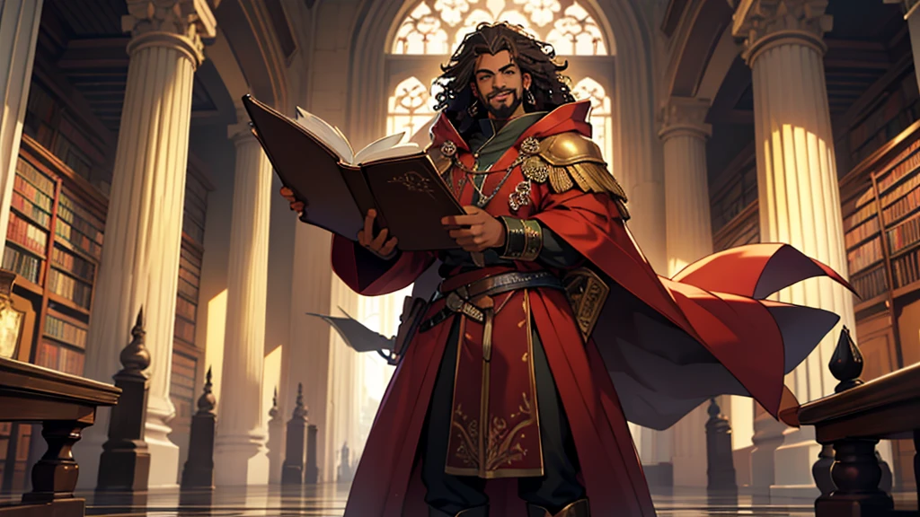 4k ultra high-definition, high quality masterpiece, full-length head to toe image, perfect lighting, best quality solo man with mocha skin tone, dark brown long curly afro hair, green eyes, goatee and mustache, facial expression smiling, wearing long red robes with golden trim hood up over his head and brown leather boots, standing holding a large book with both hands in a library with large white columns
