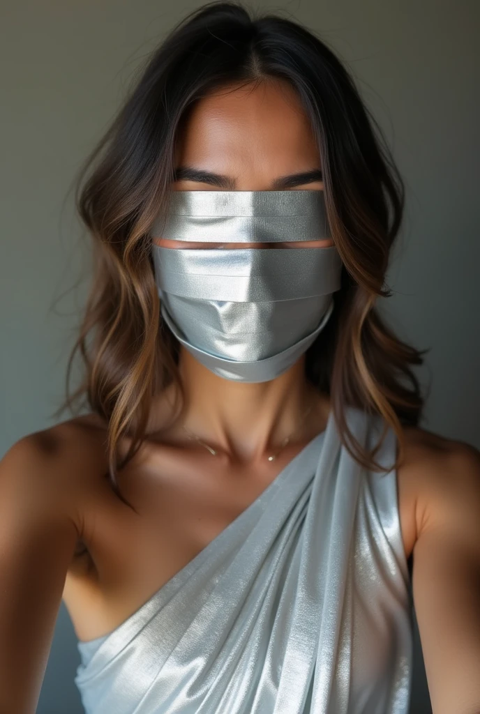 Aesthetic girl blindfolded duct tape gagged in silver sparkling shimmering saree taking selfie tape gagged