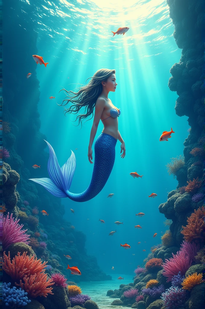 ((best Let's fix that. I'll create a clearer prompt for the text and focus on enhancing the mermaid and overall scene quality.
**Revised Prompt**: "Create a vibrant underwater scene featuring a beautiful mermaid with a human upper body and a fish tail, swimming gracefully in deep blue water. Surround her with colorful coral, fish, and beams of sunlight filtering through the water. The text 'क्या जलपरी सच में होती है?' should be prominently displayed in bold, clear, and enchanting Hindi letters, well-integrated into the scene."