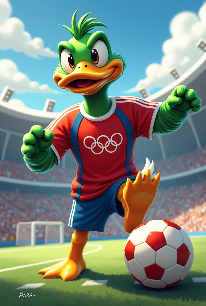 Olympic mascot that is an adult duck with a football shirt and playing female