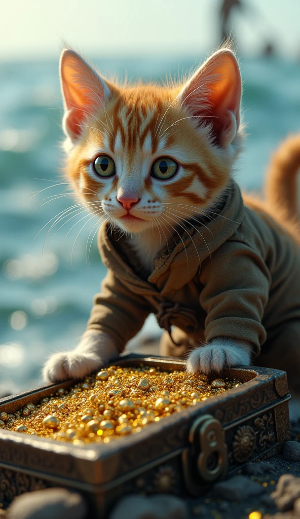 upright,3d,kitten,Dirty clothes,Homeless,3d,Men and driving,Journey、Ocean,Treasure Chest,money,gold,treasure,find,surprise