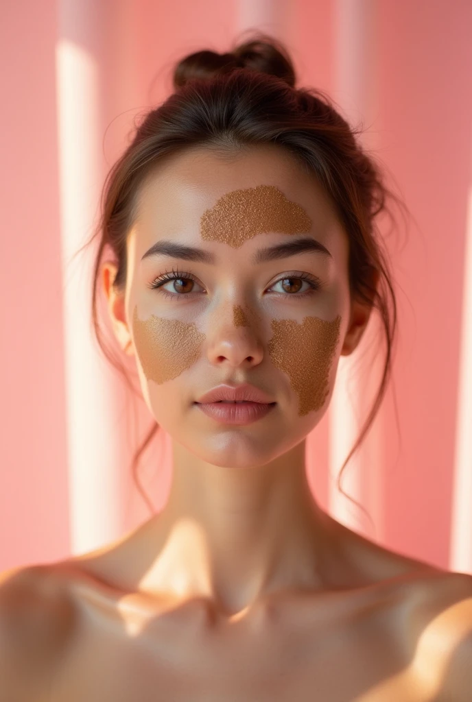 Creative and aesthetic Shoot with pink or white background of female model with applied coffee mask