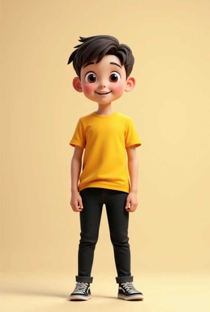 Create an image in which a boy is standing and he is wearing a yellow coloured t-shirt and black coloured pants. The boy is 1. The boy is standing in the center of the image.