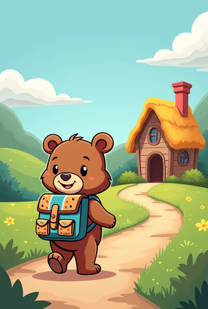 I want a picture of a little bear walking away from his house with a backpack cartoon