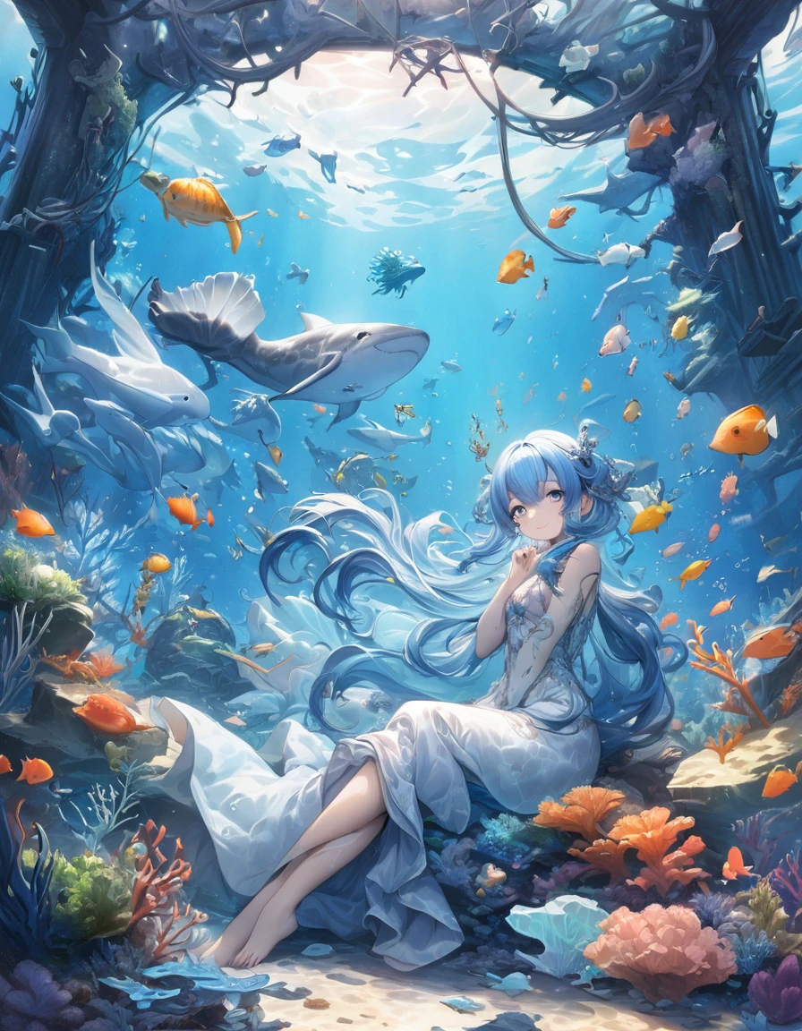Highest quality、masterpiece、Very detailed、Finely detailed、High resolution、8k wallpaper、Fine and beautiful eyes、 girl with blue hair、A myriad of marine life in the background、Mysterious underwater、A gentle smile、whole body、Feeling like you're floating gracefully through the water、Dragon Palace、Fantasy、Countless firefly-like lights are flying、Arms folded behind back