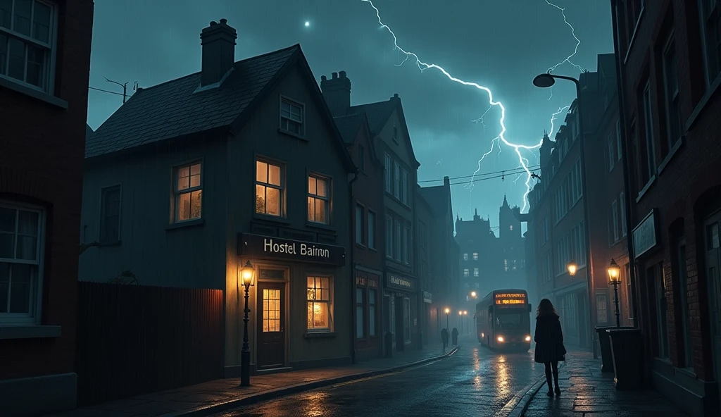 old europe street, midnight, small hostel building, two floors, text says " HOSTEL BAIRON", hostel between two big buildings, old london style, light rain, lightning, megapolis blurred lights on background, tourist bus driving away, girl standing close on right silloutte