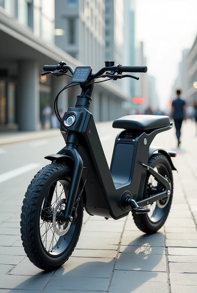 A lightweight electric bicycle made of carbon material, with a smart display for the rider to see that offers information about the bike, routes, and modes, similar to a tablet. The bike has a small solar panel on the front.. Es multifuncional y adecuada para todo tipo de routes, adaptable for up to two people with an additional cushion in the back. besides, The bike can be folded in half at the center for easy portability