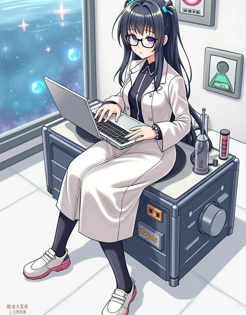 anime girl wearing glasses with ponytails sitting on machine with laptop and space in background, (ponytail forehead hair pulled back:1.3), (black hair:1.3), anime girl of the future, alchemist girl, labcoat, portrait anime space cadet girl,anime style, from girls frontline, fine details. girls frontline, girls frontline universe, girls frontline style, girls frontline, girls frontline cg, soft anime illustration, 2 0 2 2 anime style, 2022 anime style, pixiv contest winner, pretty anime character design, render of april