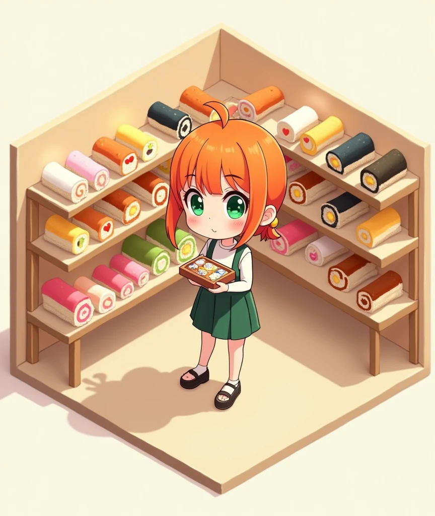 (masterpiece:1.2, Highest quality,Ultra-high resolution,Super detailed),8k,(wallpaper),(Photorealistic:2.0),(Best illustrations:2.0),(Cute misty Berry Short,Orange Hair, one side up hair ,Big green eyes,Small breasts,Skinny, chibi buying at a cake shop:2.0),(Cake shopには様々Roll cakes made with various fruits are arranged in a square shape.,Cake shop,Very simple design),(isometric illustration:2.0)