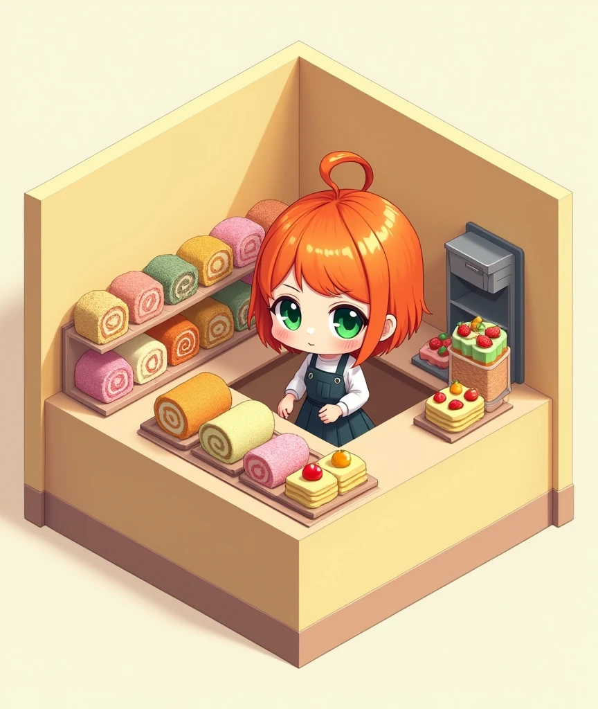 (masterpiece:1.2, Highest quality,Ultra-high resolution,Super detailed),8k,(wallpaper),(Photorealistic:2.0),(Best illustrations:2.0),(Cute misty Berry Short,Orange Hair, one side up hair ,Big green eyes,Small breasts,Skinny, chibi buying at a cake shop:2.0),(Cake shopには様々Roll cakes made with various fruits are arranged in a square shape.,Cake shop,Very simple design),(isometric illustration:2.0)
