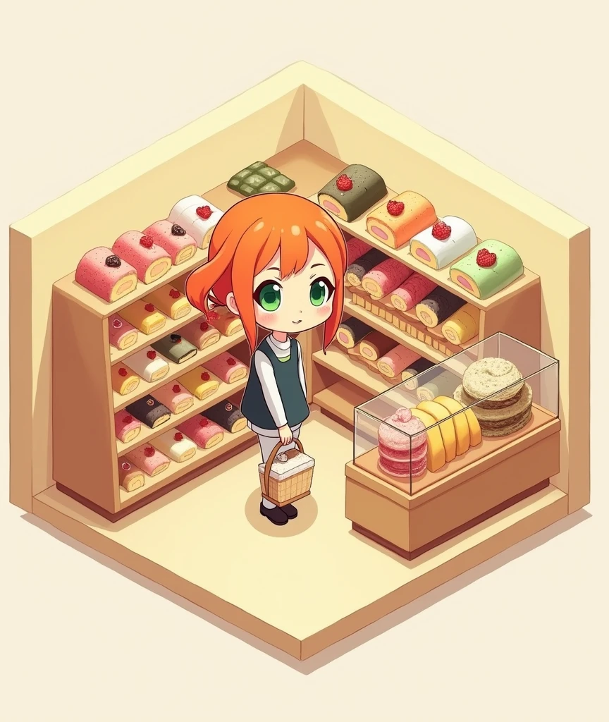 (masterpiece:1.2, Highest quality,Ultra-high resolution,Super detailed),8k,(wallpaper),(Photorealistic:2.0),(Best illustrations:2.0),(Cute misty Berry Short,Orange Hair, one side up hair ,Big green eyes,Small breasts,Skinny, chibi buying at a cake shop:2.0),(Cake shopには様々Roll cakes made with various fruits are arranged in a square shape.,Cake shop,Very simple design),(isometric illustration:2.0)