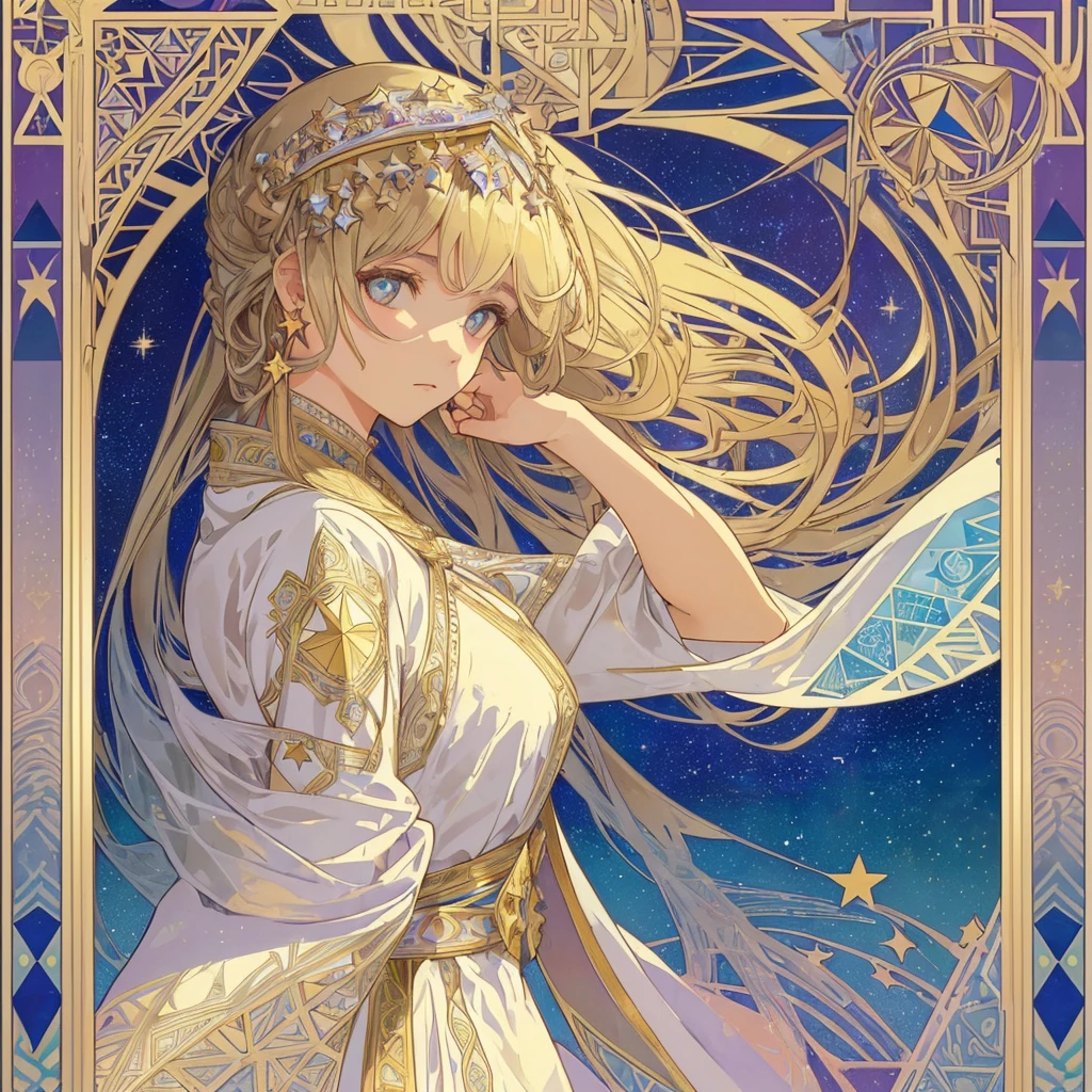 1 girl, (masterpiece, highest quality, highest quality, beautiful and aesthetic: 1.2), (1 girl: 1.3), delicate clothing, square picture frame, ((face)), sharp pupils, cool face, Alphonse Mucha's, Traditional Arab dress, color hairstyle, Ultra-detailed, Soft Light, Gentle colors, solo, dynamic, (((geometric star patterns in the background)))