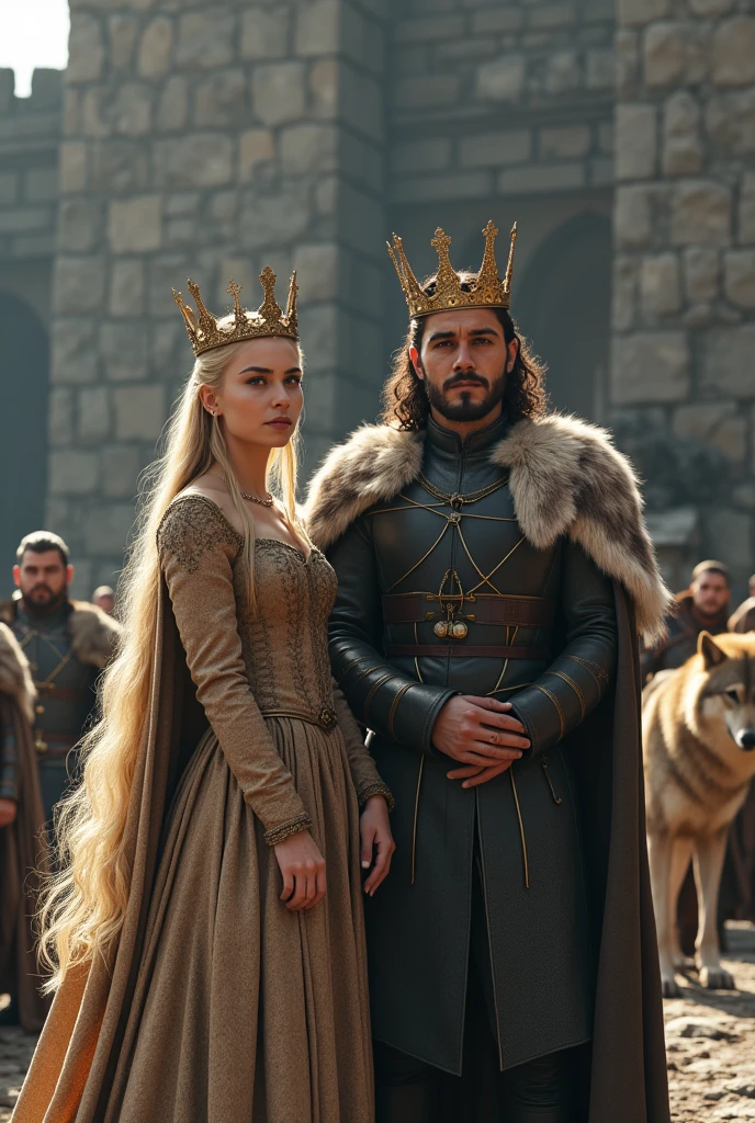 A woman with blonde hair and golden threads, dressed like Sansa Stark wearing a crown, next to him a strong man like John Snow wearing a crown, in front of a wall.
Behind them men and big wolves
