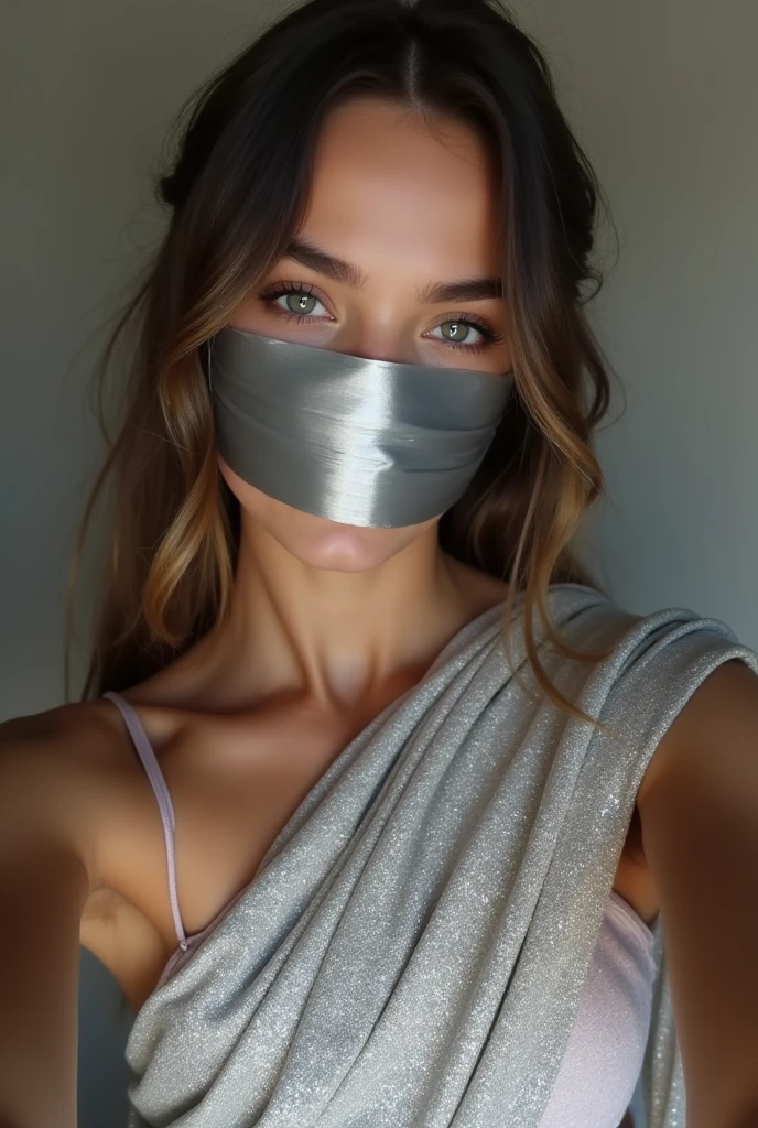 Aesthetic  girl blindfolded duct tape gagged in silver sparkling shimmering saree taking selfie tape gagged