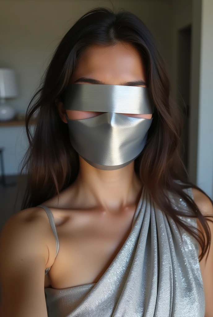 Aesthetic  girl blindfolded duct tape gagged in silver sparkling shimmering saree taking selfie tape gagged
