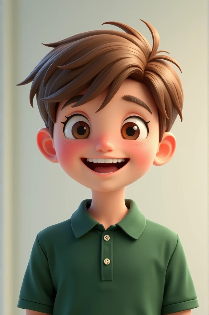 A 1 boy in a green school polo shirt, with his uniform , with an extroverted and cheerful and intelligent look with a cat smile. Her light brown hair , high