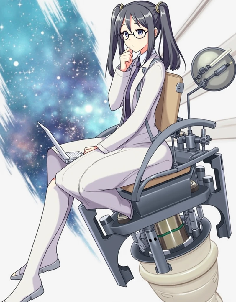 anime girl wearing glasses with ponytails sitting on machine with laptop and space in background, (ponytail forehead hair pulled back:1.3), (black hair:1.3), anime girl of the future, alchemist girl, labcoat, portrait anime space cadet girl,anime style, from girls frontline, fine details. girls frontline, girls frontline universe, girls frontline style, girls frontline, girls frontline cg, soft anime illustration, 2 0 2 2 anime style, 2022 anime style, pixiv contest winner, pretty anime character design, render of april
Estimate