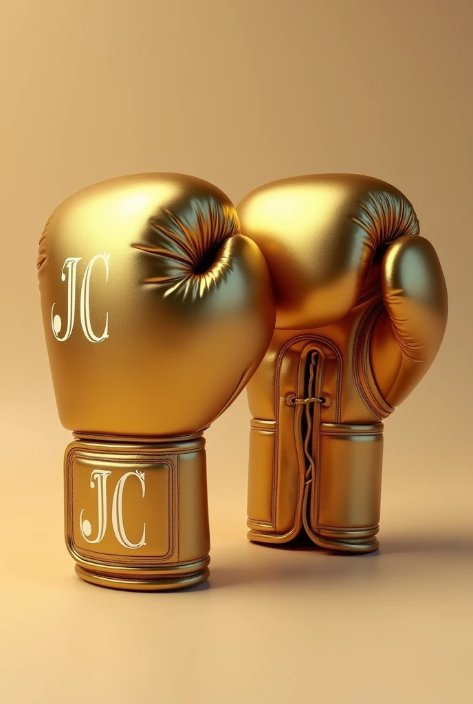 Gold boxing gloves with the letters "JC" engraved on them 
