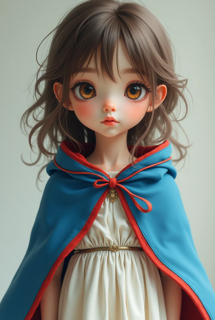 A three year old girl with white skin , A face with outlines, Big brown eyes , loose straight brown hair, Shoulder length, combed hair without bangs, Half-tied hair and wide forehead , Wearing a white amphoteric dress and a blue cloak with red trim.