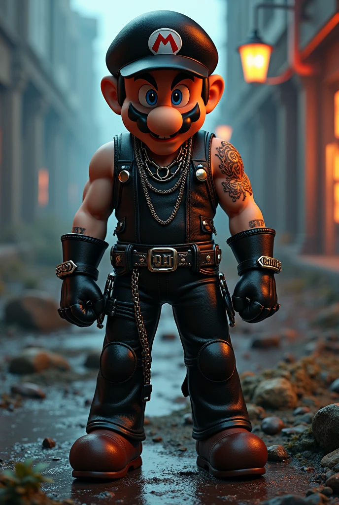 mario bros  ,black rocker clothing black leather vest with guitar for metal metalhead chains, rock bracelets, red eye iris in apocalyptic video game level, 3D ,video game type,in apocalyptic video game world,Whole body ,high resolution high detail cinematic volumetric