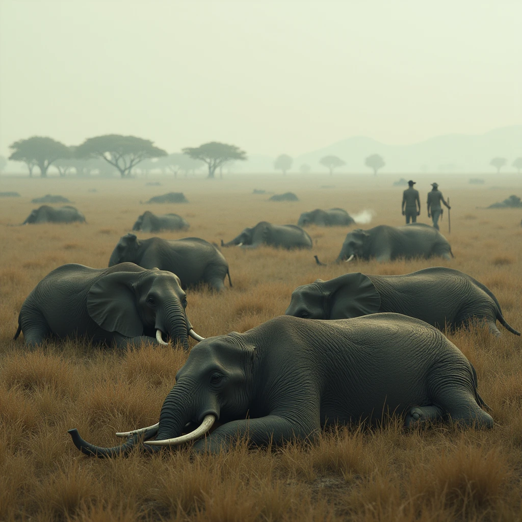 Poachers wipe out a population of elephants in an African savannah. The hunters kill off all the elephants with their rifles. The elephants are on the ground sleeping.