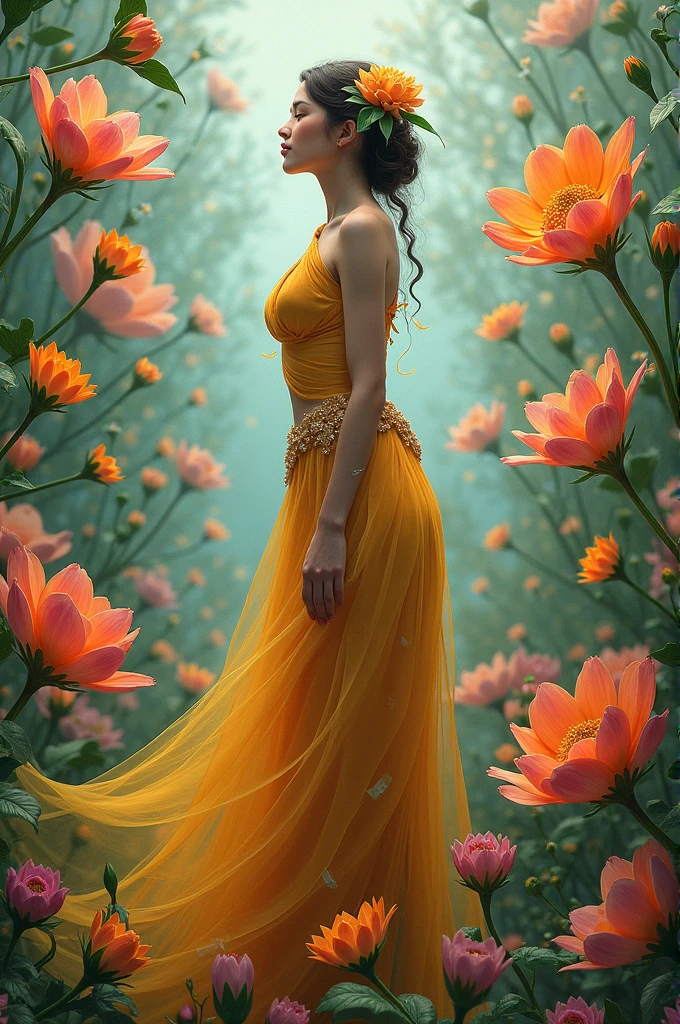 full lenght hiper 2k A beautiful, sweet, and gentle 20-year-old young woman in a beautiful orange Dusit Thai dress, a pink and white gold silk sash, standing on the edge of a bridge next to a beautiful white lotus pond. The light is glowing and sparkling. The oil painting is bright and the atmosphere is refreshing. The 3D painting is an art painting by Professor Chalermchai.