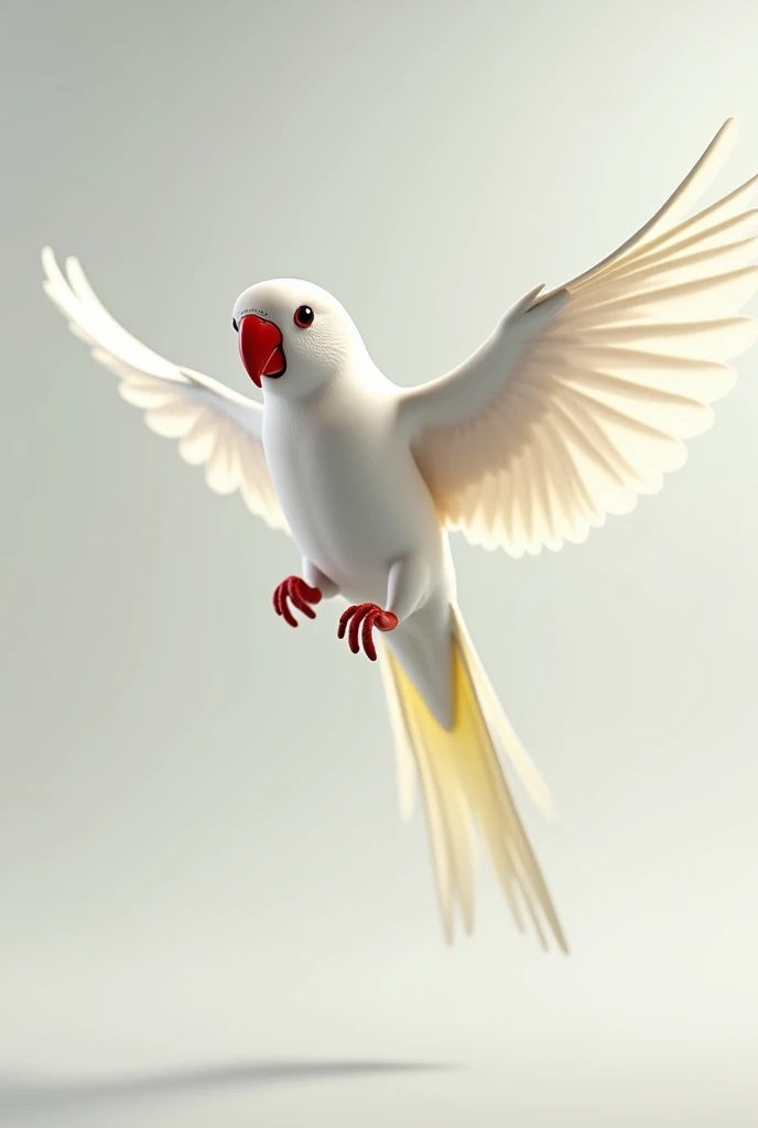 3D animation, white bird with red beak, of the Ring Neck Psitaculla krameri species, on a neutral background