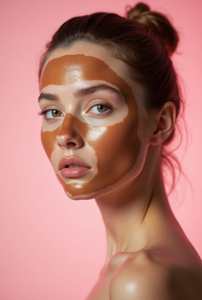 Creative and aesthetic Shoot with pink or white background of female model with applied coffee mask