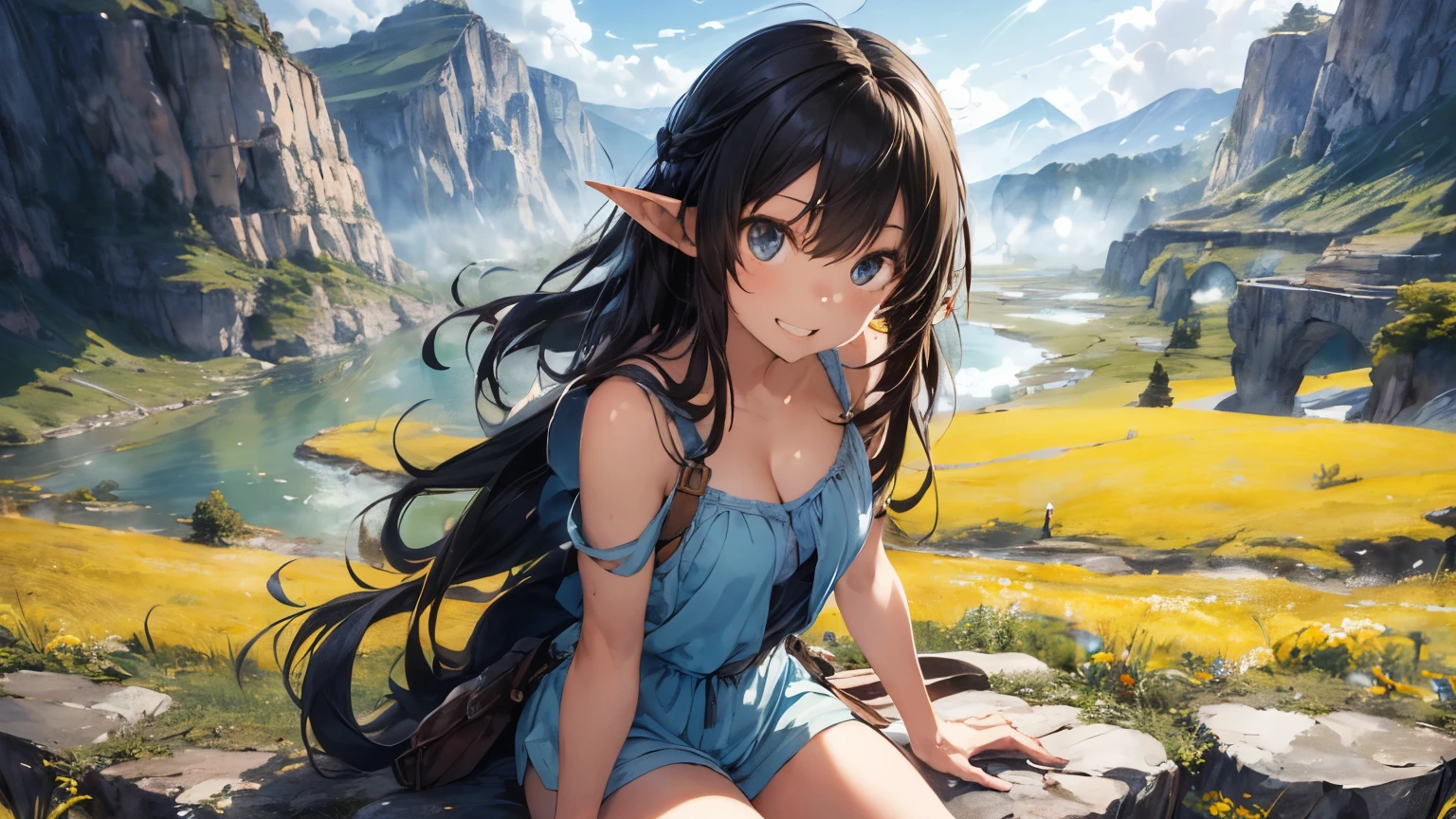hight resolution,One beautiful young sexy elf adult woman with black long hair and long leg, (Soft Saturation:1.3),(light skinned:1.2), (hyper detailed background),bokeh dof, Romper,Portrait of smiling girl,When viewed from the front,The composition is symmetrical,Look straight at you with serious eyes,Romper (Towel wrap),(Towel wrap),middlebreasts, outside of house,Uncharted,Sky sky,rays of sunshine,Hot Spring Resorts.mountainscape, strong lights,front lit, ( ager:1.3),(cowboy shot:1.2),break Angle from the front, looking at viewert, dynamicposes, Sitting on the wheat field ,wakame
