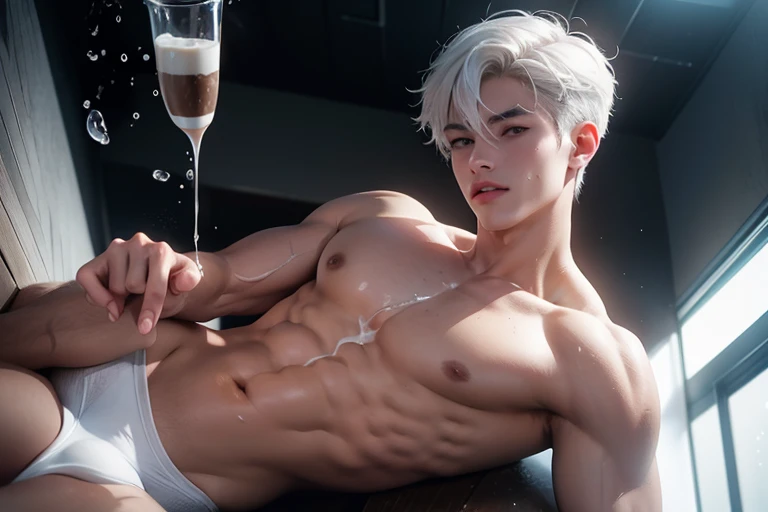 A young boy with white hair，fair skin，handsome，The triangle briefs are wet, so I took half of them off.，裸上半身Soaked in milk，Showing six-pack abs and chest muscles with water droplets on them，Soaked in milk，纖細長腿Soaked in milk，The bottom highlight is very large and dripping，Soaked in milk，Tilting their head back, they wore an expression of comfort.，Sticking out tongue，hands on the floor，covered in milk，There&#39;s milk on your face too，身上Soaked in milk，Complete character，To the light，The light shines on the abdominal muscles，Two people hugging each other&#39;s waist，The characters are smaller
