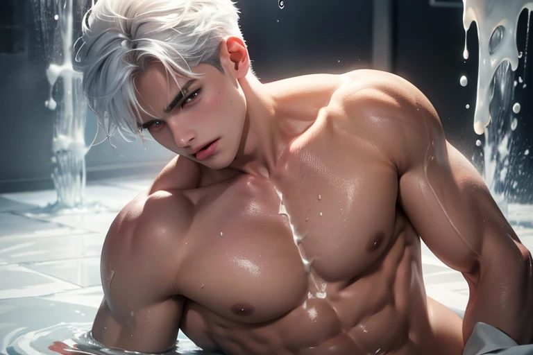 A young boy with white hair,fair skin,handsome,The triangle briefs are wet, so I took half of them off.,裸上半身Soaked in milk,Showing six-pack abs and chest muscles with water droplets on them,Soaked in milk,纖細長腿Soaked in milk,The bottom highlight is very large and dripping,Soaked in milk,Tilting their head back, they wore an expression of comfort.,Sticking out tongue,hands on the floor,covered in milk,There's milk on your face too,身上Soaked in milk,Complete character,To the light,The light shines on the abdominal muscles,Two people hugging each other's waist,The characters are smaller