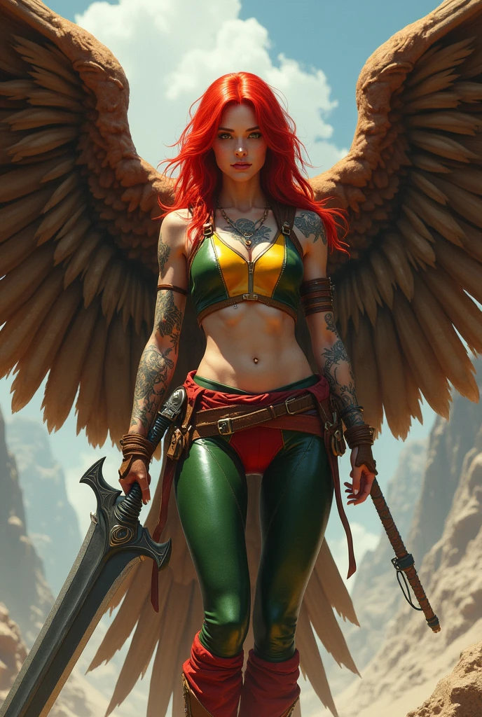 A beautiful red-haired woman wearing a green leather top with yellow in the middle and cali green leggings with red shorts over the leggings, red sheepskin boots, a giant wide-brimmed sword, huge brown falcon wings that cover her entire body, a brown harness on her chest, tattoos on one of her arms
