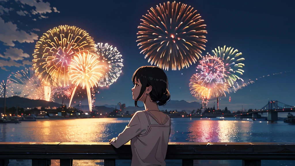 (masterpiece:1.4), (Highest quality:1.4), Very detailed, Complex, Super detailed, night、firework、Girl looking up、4K、8k
