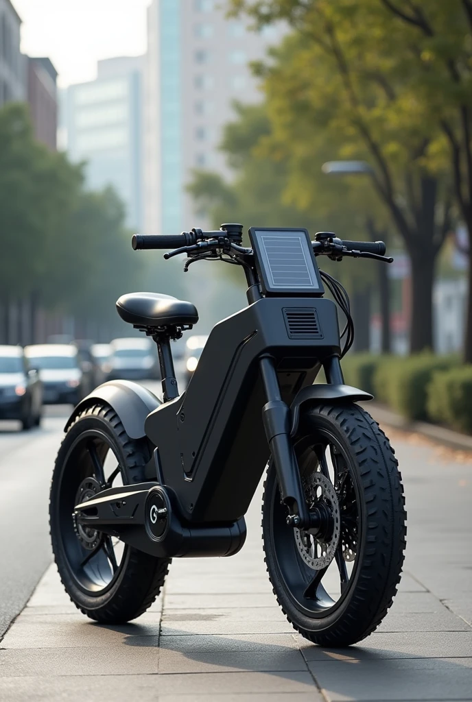 A thin and light electric bicycle made of carbon material, with a smart display for the rider to see that offers information about the bike, routes, and modes, similar to a tablet. The bike has a small solar panel on the front.. Es multifuncional y adecuada para todo tipo de routes, adaptable for up to two people with an additional cushion in the back. besides, The bike can be folded in half at the center for easy portability