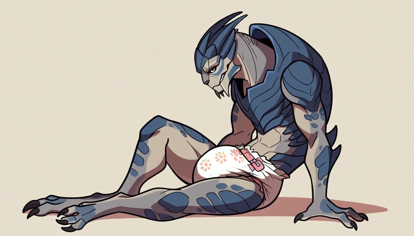 1 person、(((Male Turian in a dirty baby diaper)))、garrus vakarian、mass effect、masterpiece、Highest quality、Dirty diaper、Pampers diapers、Grey body、smile、Looking up、Top view、pacifier、Sitting on a colorful puzzle-patterned mat、kindergarten