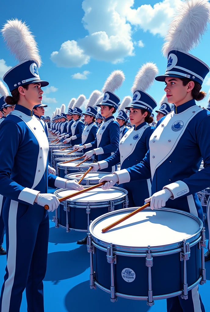 make a easy drawing of a frontline section with detailed marimbas, vibraphones, synth, crash cymbals, or percussion multiple people in marching uniform with the colors blue and white only saying “south san frontline” or just “2024-2025” and bobcat paws in blue somewhere