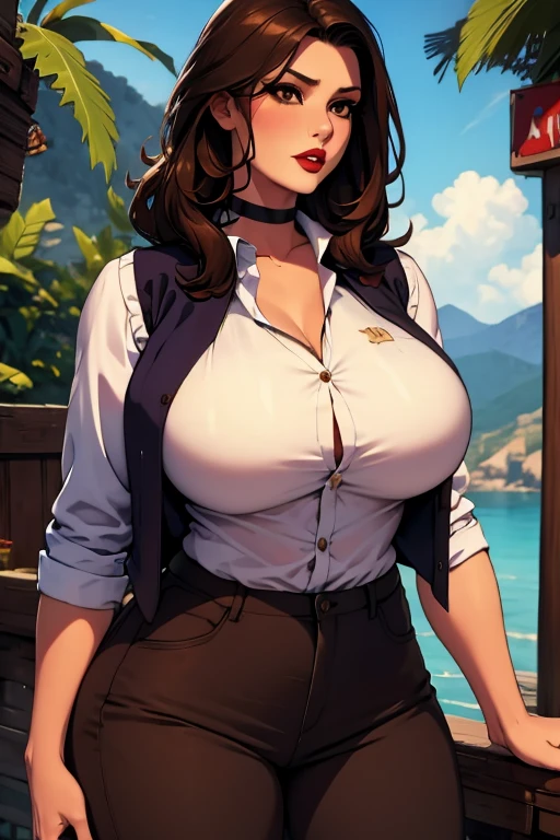 The woman, (((shirt, shirt, vest, best, pants))), Boots, Cuba in the background, jungle, Very detailed, Realistic long-term photography, 4k, by the wide, brown hair, By the chestnut, Red lips, choker, shocks, sexy,red lips, brown eyes, big breasts, big breasts, breasts, Lucia Auditore