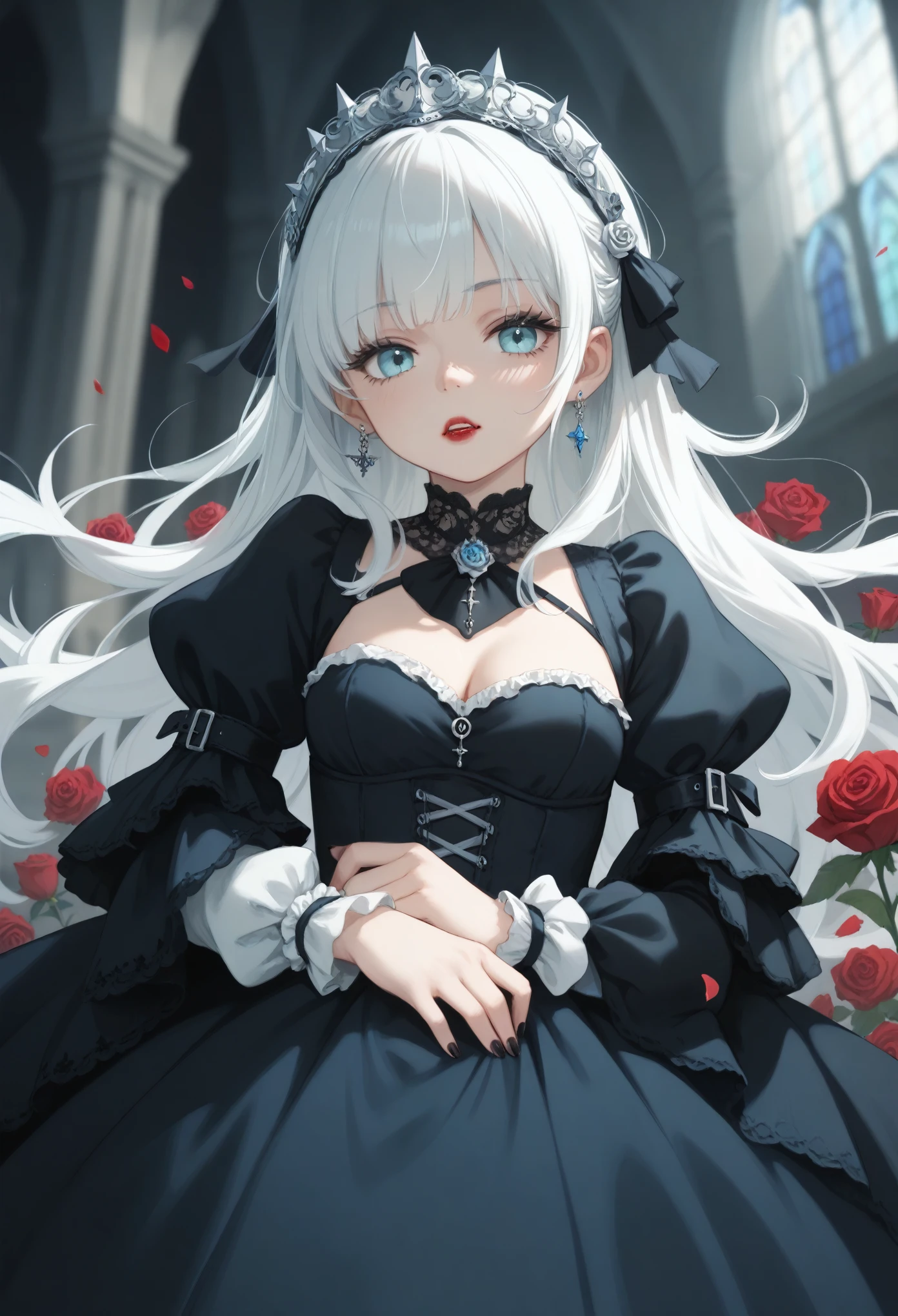 score_9,score_8_up,score_7_up,score_6_up,score_5_up,score_4_up, anime Vampire Princess, long white hair, gothic style, roses in hair, dark black eyelashes, white glow irises, light blue dress, digital illustration, gothic renaissance, perfect anatomy, centered, approaching perfection, dynamic, highly detailed, gothic castle detailed background, blood, smooth, sharp focus, illustration,,glitter