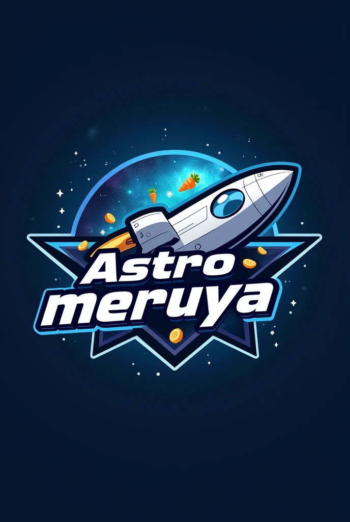 "Design a modern and dynamic team logo for a team named 'Astro Meruya'. The logo should feature a space theme, with a bold and futuristic design. Include elements like a milk, cheese, carrot, or stumps subtly integrated into the design. The color scheme should be a mix of light blue, silver, and white to convey power and agility. The team name 'Astro Meruya' should be prominently displayed in a stylish, sporty font. The overall look should be sharp, professional, and suitable for a hoodie and merchandise."